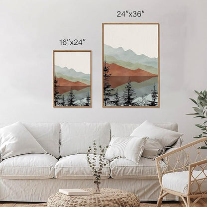 Tinonedraw Boho Mountain Framed Canvas Wall Art Set, Watercolor Nature Landscape Wall Decor, Black Pine Trees Forest Artwork, Neutral Modern Sunrise Art Prints for Living Room Bedroom Office 24"x36"x3