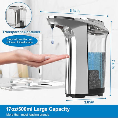 Automatic Soap Dispenser, Touchless Dish Soap Dispenser 17oz/500ml with Infrared Sensor, 5 Adjustable Soap Levels, Liquid Dispenser for Bathroom Kitchen (Silver)
