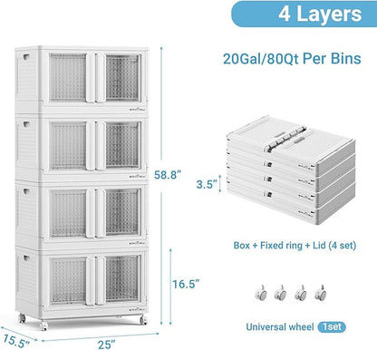 400Qt Stackable Storage Bins with Lids, 100Gal Closet Organizers and Storage Drawer, Plastic Collapsible Storage Bins with Doors, Heavy Duty Store Box Cabinet for Home Kitchen, 4Pack White