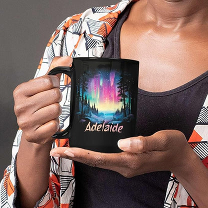 Personalized Winter Landscape Coffee Mug, Custom Northern Lights Ceramic Cup, Enchanted Forest With Vibrant Sky Mug, Custom Choose Name Black Mug 11oz 15oz, Gift For Nature Lovers