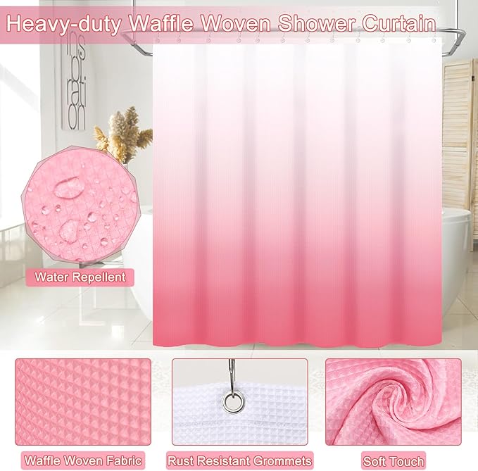 32PCS Pink Bathroom Accessories Set with Shower Curtain,Rugs,3PCS Lotion Soap Dispenser,6PCS Wood Tags Bath Accessories with Tray for Bathroom