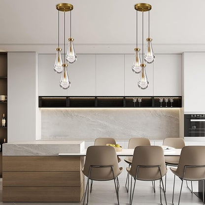 Brass 3 Light Pendant Lighting for Kitchen Island, Raindrop Cluster Pendant Light Fixture, Adjustable Hanging Rope Glass Chandelier Dining Room Light Fixture Ceiling Lamp for Foyer Hallway