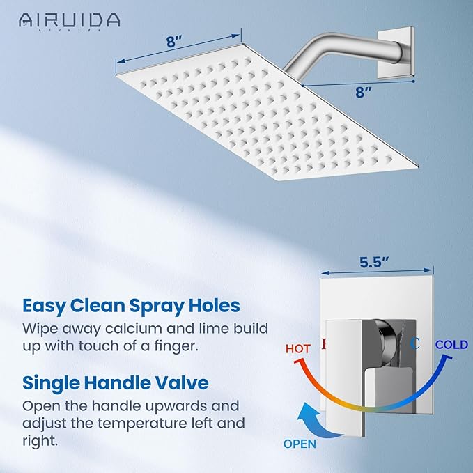 Airuida Shower Faucet Set Bathroom Rain Shower System SUS304 Stainless Steel Single Handle With Male Threads Rough-in Valve Shower Trim Kit 8 Inch Wall Mount Shower Head Chrome Polish