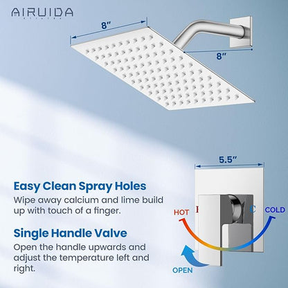 Airuida Shower Faucet Set Bathroom Rain Shower System SUS304 Stainless Steel Single Handle With Male Threads Rough-in Valve Shower Trim Kit 8 Inch Wall Mount Shower Head Chrome Polish