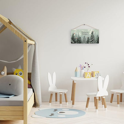 Welcome Winter Hanging Wooden Signs 12x6, Pine Tree Decor, Winter Door Decorations, Winter Door Sign, Snowflake Pine Trees Birds Home Room Office Hanging Wall Decor