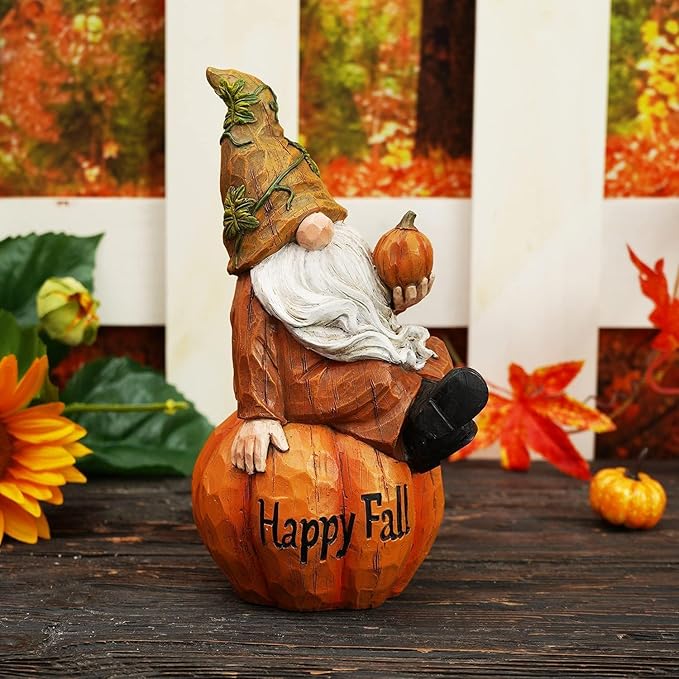 Topadorn Fall Garden Gnome Figurine Sitting on Pumpkin Statue Autumn Harvest Garden Gnomes Statue Figurine for Patio Yard Lawn Porch Decoration, Happy Fall