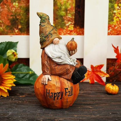 Topadorn Fall Garden Gnome Figurine Sitting on Pumpkin Statue Autumn Harvest Garden Gnomes Statue Figurine for Patio Yard Lawn Porch Decoration, Happy Fall