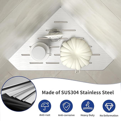 Corner Shower Shelf 10" Brushed 304 Stainless Steel Pentagonal Heavy Duty Floating Corner Shelf Slot Design Recessed Bathroom Shelf for Tiled Wall, No Drilling Needed