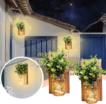 Rustic Wall Sconces, Mason Jar Sconces, Farmhouse Home Decor, LED Fairy Lights, Green Fake Plant, Interior Decoration Warm Toned Lighting. (2 Pack)