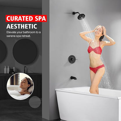 sumerain Modern Matte Black Tub and Shower Faucet Set with 6-Inch 6 Settings Rain Shower Head and Tub Spout, Valve Included