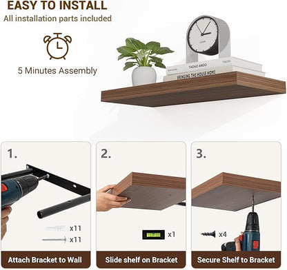 48 Inch Floating Shelves, 48"x9.25"x1.5" Inch Deep Floating Shelves for Wall, Wooden Shelves for Bathroom, Bedroom, Living Room, Walnut