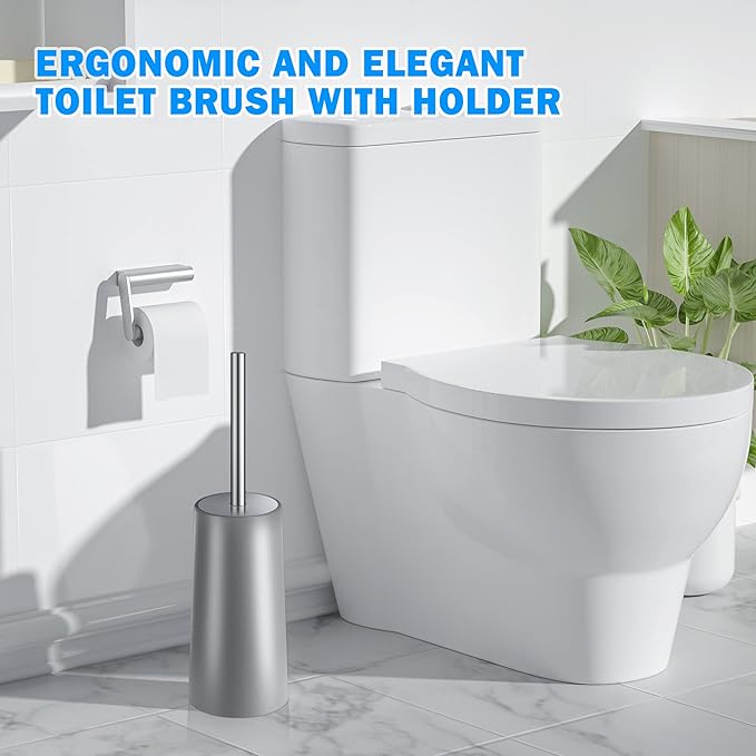 Toilet Brush and Holder, 2 Pack Toilet Brush with 304 Stainless Steel Long Handle, Toilet Bowl Brush for Bathroom Toilet-Ergonomic, Elegant,Durable (Grey)