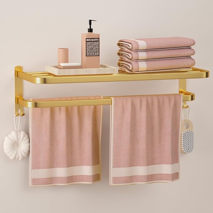 DDS-DUDES Gold Bathroom Towel Rack Towel Shelf with Double Towel Bars Lavatory Wall Mount Holder with Hooks Golden Stainless Steel Hotel Bath Rack 23 inches