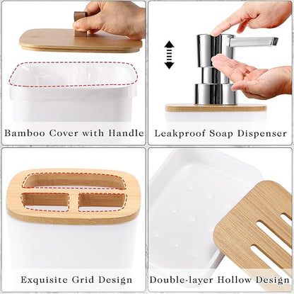 White Bathroom Accessories, Bathroom Accessories Set with Trash Can, Soap Dispenser, Toothbrush Holder, Toothbrush Cup, Soap Dish, Toilet Brush, Tray and Q-tip Holders for Housewarming