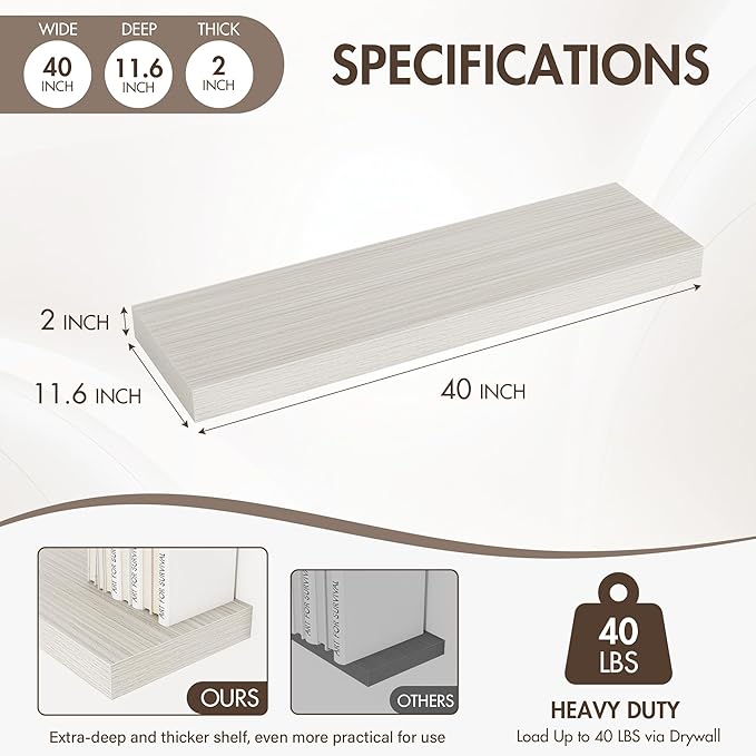 40 Inch Floating Shelves, 12" Deep Floating Shelf Wall Mounted, 40" Wall Shelves, Rustic Deep Bookshelf, Extra Deeper & Thicker Display Shelves for Bedroom, Living Room, Gray, Set of 2