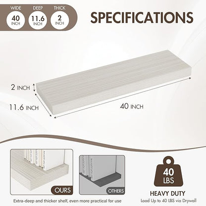 40 Inch Floating Shelves, 12" Deep Floating Shelf Wall Mounted, 40" Wall Shelves, Rustic Deep Bookshelf, Extra Deeper & Thicker Display Shelves for Bedroom, Living Room, Gray, Set of 2