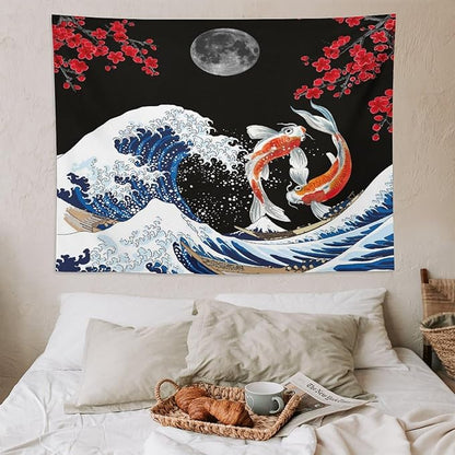Houselerax Japanese Koi Fish Tapestry, Yin Yang Big Wave Red Cherry Blossom Tapestries Wall Hanging for Bedroom Living Room Office Decor 80"x60"