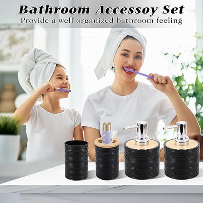 Black Bathroom Set, Black Bathroom Accessories Set with Trash Can, 2PCS Soap Dispensers, Soap Dish, Toothbrush Holder, Toothbrush Cup,Toilet Brush, Tray and Qtip Holders for Bathroom Decor