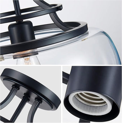 WUZUPS Chandelier Rustic Farmhouse Industrial Round Semi-flushmount Ceiling LED Light Fixture with Clear Glass Shades for Bathroom Kitchen Foyer Entryway, H 11.8" x W 13.4", E26 Base, Black