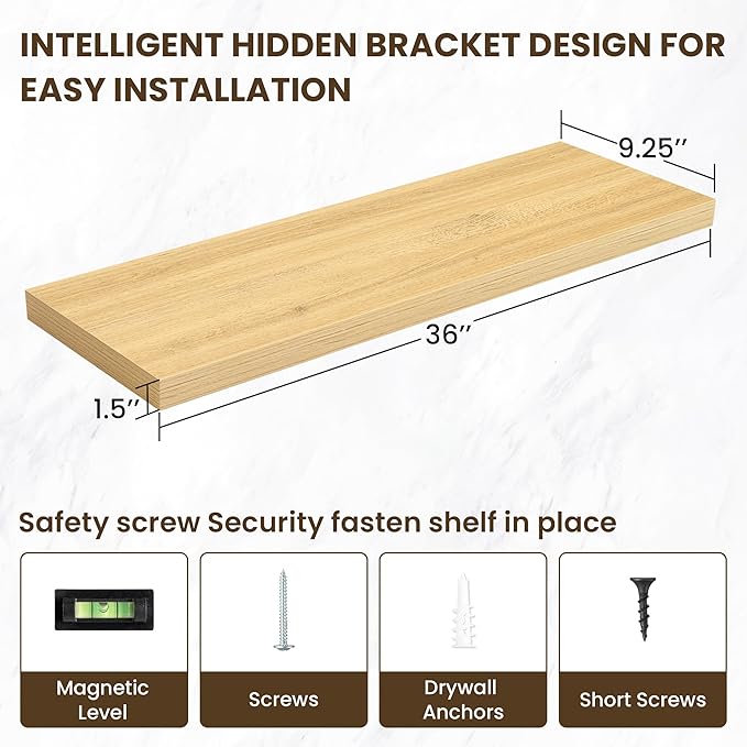 36 Inch Floating Shelves, 3D Textured Wood Grain, 36"x9.25"x1.5" Inch Deep Floating Shelves for Wall, Wooden Shelves for Bathroom, Bedroom, Living Room, Natural, 2 Pieces