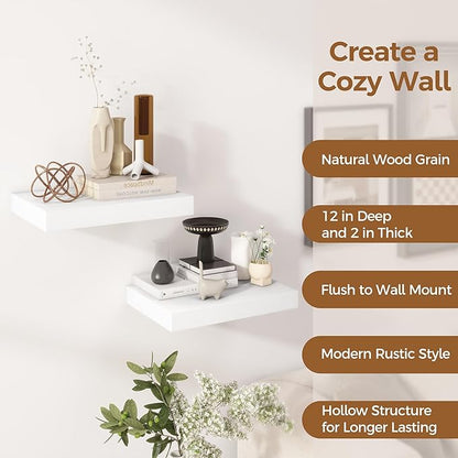 12 Inch Deep White Floating Shelves, 16 x 12 Floating Shelf for Books, Rustic Wood Deep Wall Shelves for Home Storage & Display, 2" Thicked Shelves for Kitchen, Living Room, Bedroom, 2 Pack