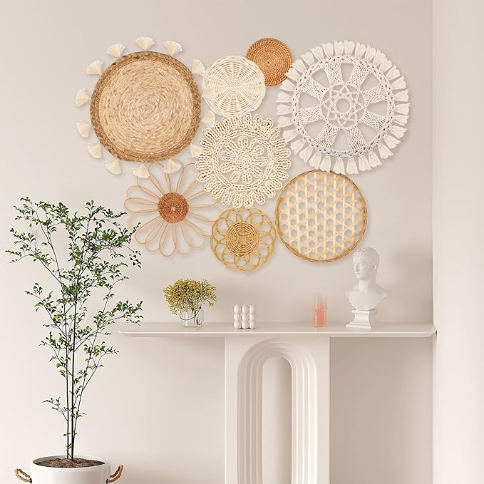 Boho Wall Basket Decor Set of 8 - Flat Woven Basket Wall Hanging Decor,Round Tassels White Macrame Tapestry Wall Decor Art,Handmade Rattan Wicker Seagrass Home Wall Baskets Decor（Boho Classic)