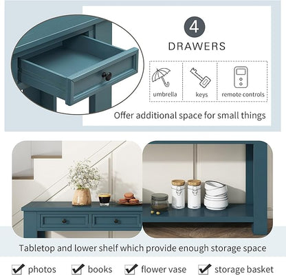 Solid Wood Console Table,63 in Long Sofa Table Entryway Table with 4 Drawers and Bottom Shelf for Hallway Living Room Couch Table,Fully Assembled (63" Dark Blue)