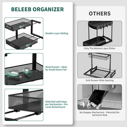 Under Sink Organizer, Extra-Wide Upgrade, 2-Pack of 2-Tier Metal Slide Out Cabinet Organizer, Height Adjustable Organization and Storage Series, Bathroom/Cabinet/Kitchen organization, Black