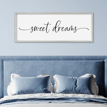 SRSZHIYUE Sweet Dreams Above Bed Wall Decor, 32"x12" Large Rustic Master Bedroom Over Bed Sign Guest Room Couples Wood Framed Farmhouse Horizontal Hanging Decoration (White)