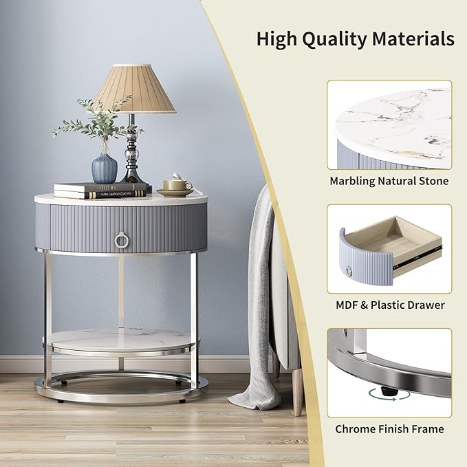 OIOG Modern End Table with Drawer, 2 Tier Side Table with Shelf, Round Nightstand with Sintered Stone Tabletop and Chrome Legs for Living Room, Bedroom, Home Office, Dorm, Silver