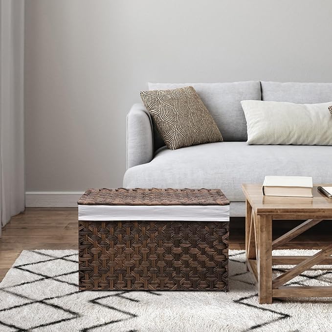 Wicker Storage Basket with Lid, 27.7 Gallon (105L) Large Blanket Basket with Lid, Woven Storage Bin with Handles, Removable Liner, Metal Frame, Foldable, for Bedroom, Laundry Room, Brown