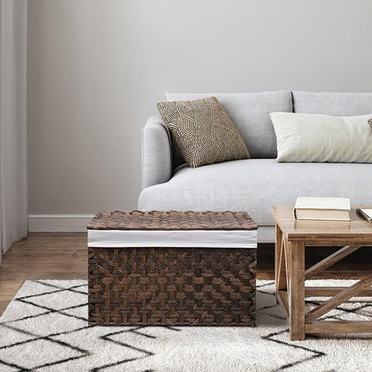 Wicker Storage Basket with Lid, 27.7 Gallon (105L) Large Blanket Basket with Lid, Woven Storage Bin with Handles, Removable Liner, Metal Frame, Foldable, for Bedroom, Laundry Room, Brown