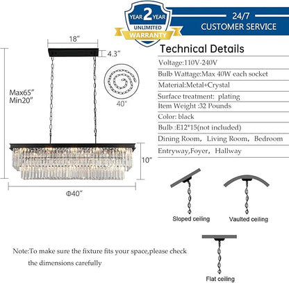 Crystal Chandeliers for Dining Room Light Fixtures Over Table，15-Lights Black Modern Rectangle Chandeliers for Kitchen Island Bar L40 Inch