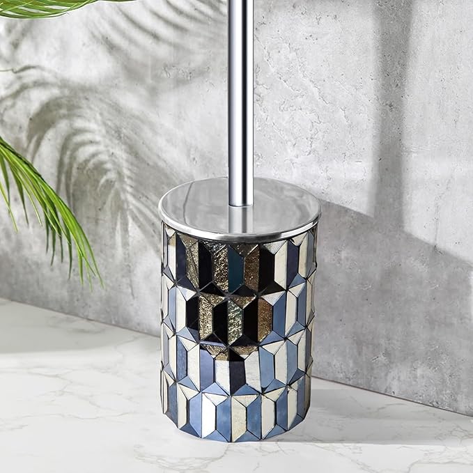 Cute Toilet Brush and Holder Set Mosaic Glass | Non-Rustic Stainless Steel | Practical & Decorative Toilet Bowl Brush and Holder | Luxury Black and Gold Bathroom Accessories (Latest)