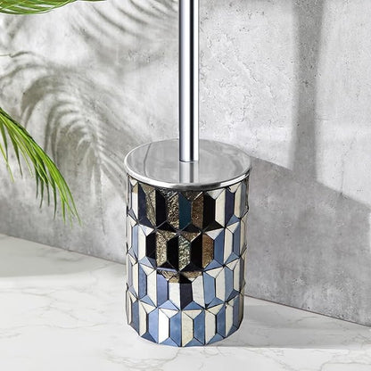 Cute Toilet Brush and Holder Set Mosaic Glass | Non-Rustic Stainless Steel | Practical & Decorative Toilet Bowl Brush and Holder | Luxury Black and Gold Bathroom Accessories (Latest)