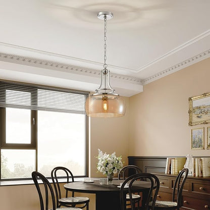 WUZUPS Nickel Chandelier Rustic Farmhouse Industrial Round Ceiling Pendant LED Light Fixture with Amber Glass Shade for Dining Room Kitchen Island Foyer Entryway, H 17" W 13.4", E26 Base