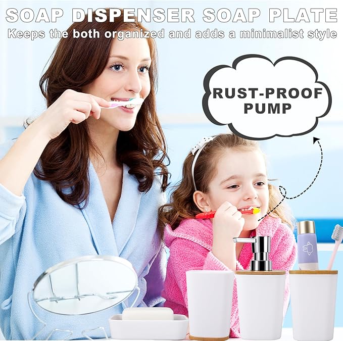 White Bathroom Sets Accessories with Waffle Shower Curtain,Bathroom Sets with Trash Can,Toothbrush Holder,Toothbrush Cup,Soap Dispense,Tray,Soap Dish,Toilet Brush,Qtip Holder