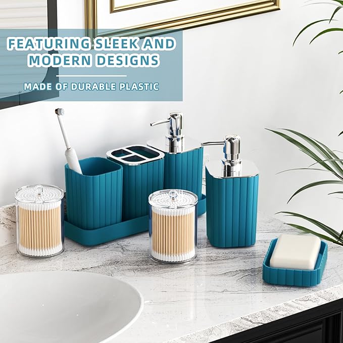 Bathroom Accessories Set - 26PC Gorgeous Teal Bathroom Set, Bathroom Accessory Set, Shower Curtain Set with Bathtub Mats for Shower Tub, Trash Can & Soap Dispenser