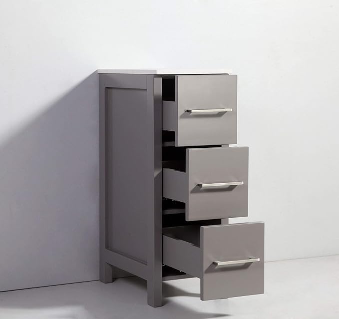 Vanity Art 12 Inch Bathroom Cabinet 3 Dove-Tailed Drawers with Engineered Marble Top Side Storage Organizer Freestanding Single Vanity VA3112-G