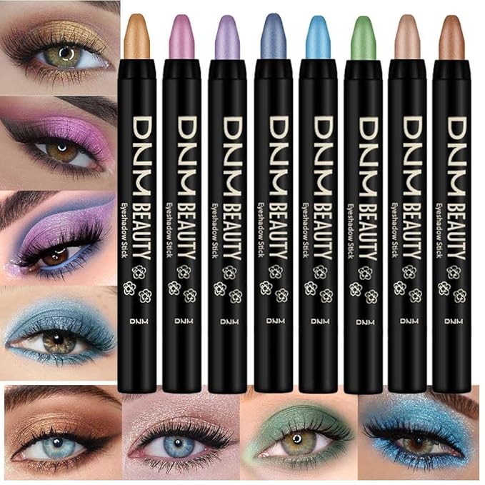 evpct 8Pcs Cream Eyeshadow Stick Eye Makeup Set for Women, Beige Gold Desert Mocha Pink Sky Dazzling Blue Green Light Purple Glitter Shimmery Eye Shadow Pencil Crayon Waterproof sombras para ojos 02