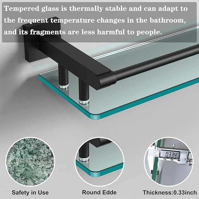 Bathroom Glass Shelf 20IN Rectangular Stainless Steel Tempered Glass Shelves Modern Stainless Steel Wall Mount Bathroom Shelf (Matte Black, 20‘’)