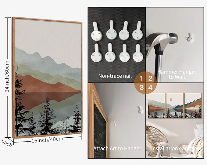 Tinonedraw Boho Mountain Framed Canvas Wall Art Set, Watercolor Nature Landscape Wall Decor, Black Pine Forest Artwork, Modern Sunrise Art Prints for Living Room, Bedroom, Office 16"x24"x3