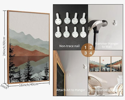 Tinonedraw Boho Mountain Framed Canvas Wall Art Set, Watercolor Nature Landscape Wall Decor, Black Pine Forest Artwork, Modern Sunrise Art Prints for Living Room, Bedroom, Office 16"x24"x3