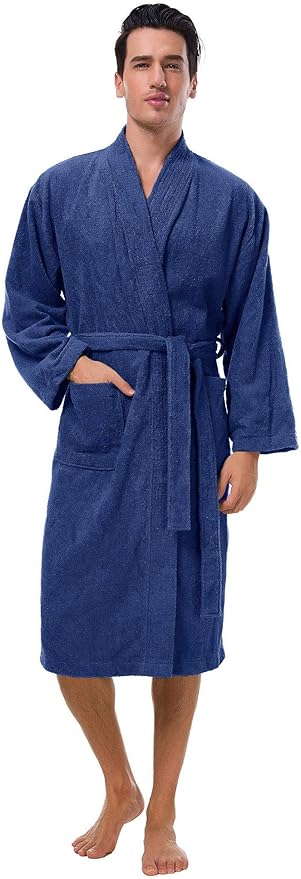 SIORO Mens Robe Terry Cloth Kimono Bathrobe Cotton Soft Shower Towel Bath Robes Calf Length Housecoat for Spa Hotel Hot Tub