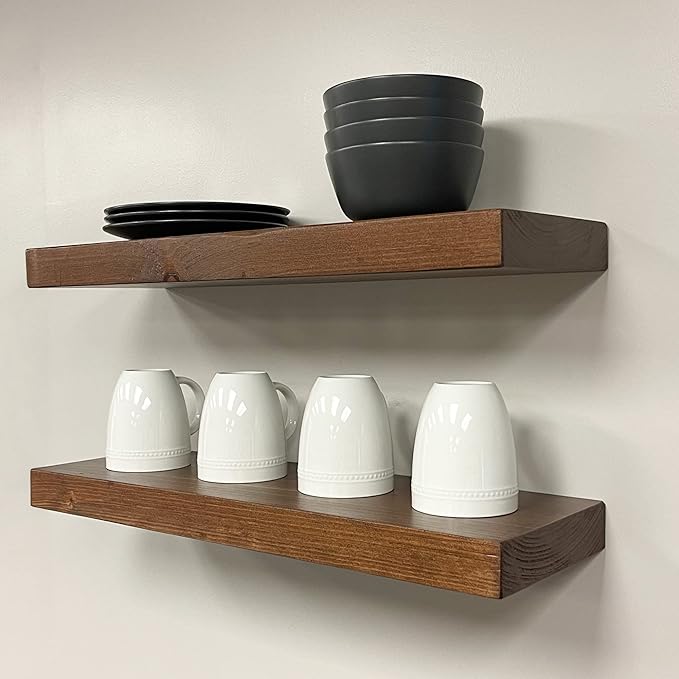 URBANDI, Rustic Floating Shelves, Set of 2, Hidden Bracket, Solid Wood, Heavy Duty, Wall Mounted Shelves, (Provincial, 24Wx10D)