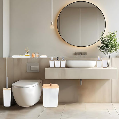 White Bathroom Accessories, Bathroom Accessories Set with Trash Can, Soap Dispenser, Toothbrush Holder, Toothbrush Cup, Soap Dish, Toilet Brush, Tray and Q-tip Holders for Housewarming