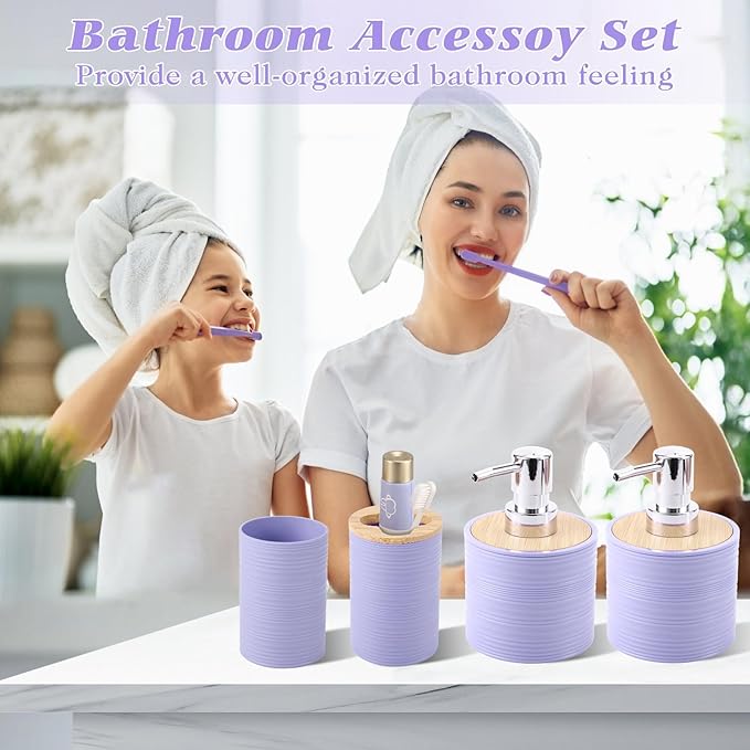 Purple Bathroom Set, Purple Bathroom Accessories Set with Trash Can, 2PCS Soap Dispensers, Soap Dish, Toothbrush Holder, Toothbrush Cup,Toilet Brush, Tray and Qtip Holders for Bathroom Decor