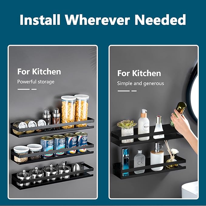 Rustproof Metal Storage Floating Shelves Wall Mounted Rectangular Shelf for Bedroom,Bathroom, Living Room, Kitchen, and Laundry Room,Nail-Free Wall-Mounted Shelves（15.75 Inch Black）