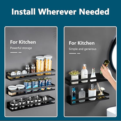 Rustproof Metal Storage Floating Shelves Wall Mounted Rectangular Shelf for Bedroom,Bathroom, Living Room, Kitchen, and Laundry Room,Nail-Free Wall-Mounted Shelves（15.75 Inch Black）