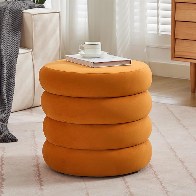 ONEVOG Round Storage Ottoman, 20" Small Ottomans Table with Removable Lid, Velvet Fabric Soft Footrest Stools for Couch, Upholstered Stuffed Circle Seat for Living Room/Bedroom/Dorm/Vanity, Orange